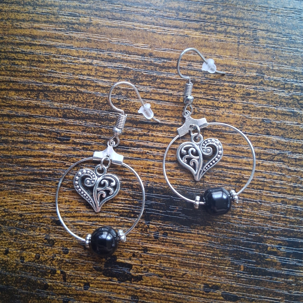 Silver Heart Hoop Earrings with Black Bead - Women's Jewelry